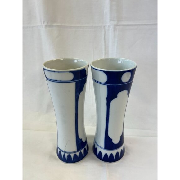 Set Of 2 Blue & White Ceramic Vases With Abstract Design - Picture 1 of 5